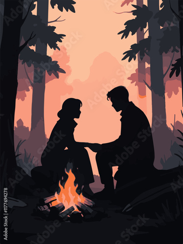 a loving couple sitting by the fire