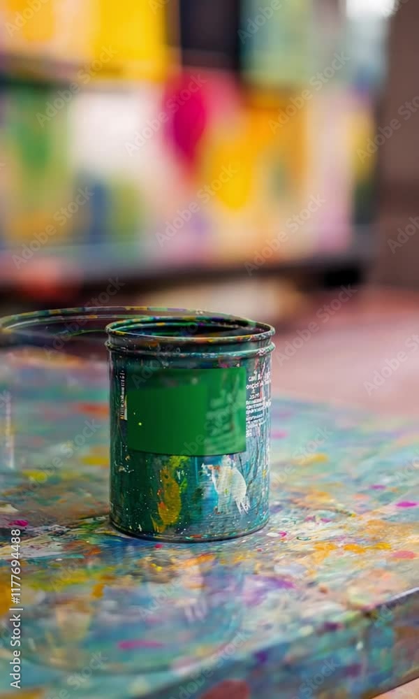 Paint-splattered paint can on a colorful artist's palette Paint-splattered paint can on a colorful artist's palette