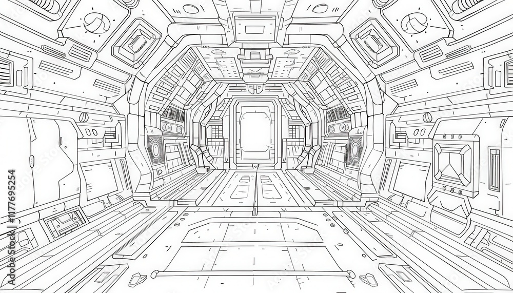 A futuristic spaceship corridor rendered in black and white line art. Ideal for coloring books, concept art, or game design backgrounds. A futuristic spaceship corridor rendered in black and white line art. Ideal for coloring books, concept art, or game design backgrounds.