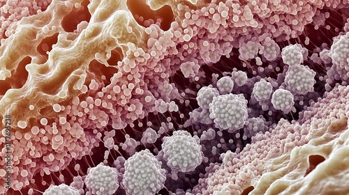 High magnification of epithelial tissue showing cell layers, a realistic close-up of epithelial tissue showing multiple layers of cells, with sharp contrast and color saturation.