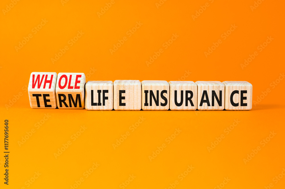 Term or whole life insurance symbol. Concept words Term life insurance or Whole life insurance on wooden blocks. Beautiful orange background. Business term or whole life insurance concept. Copy space. Term or whole life insurance symbol. Concept words Term life insurance or Whole life insurance on wooden blocks. Beautiful orange background. Business term or whole life insurance concept. Copy space.