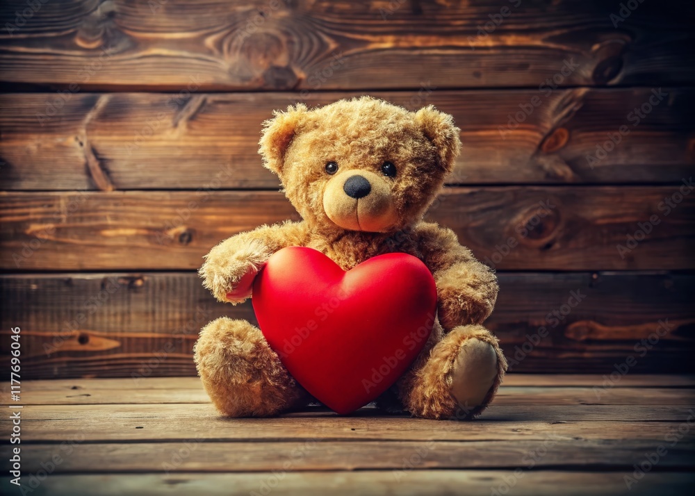 Obraz premium Romantic Valentine's Day Teddy Bear with Red Heart on Wooden Background - Long Exposure Stock Photo