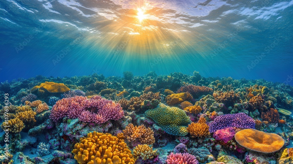 Fototapeta premium Colorful coral reef with sun rays underwater.