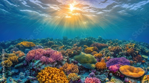 Fototapeta Naklejka Na Ścianę i Meble -  Colorful coral reef with sun rays underwater.