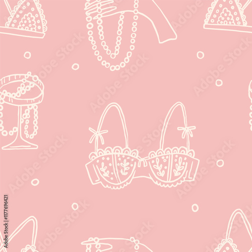 Coquette whimsical hand drawn pink love elements for Valentine's Day. Bra and panties, present box, strawberry, cocktail, jewelry. Pattern for the holiday of love. Gift wrapping paper design, vector