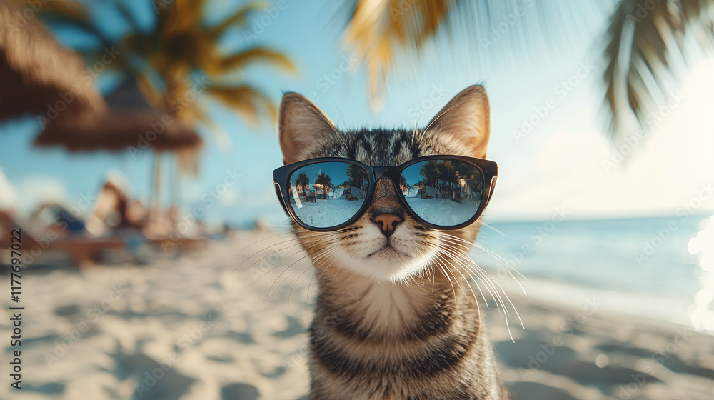 Obraz premium Closeup of sunglasses on cat on sand beach, blurred palm trees and sea or ocean water. tropical summer holiday or vacation style, accessories, eyewear protection.