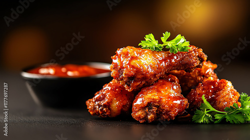 Closeup of crispy fried chicken wings with hot sauce, energetic street food atmosphere photo