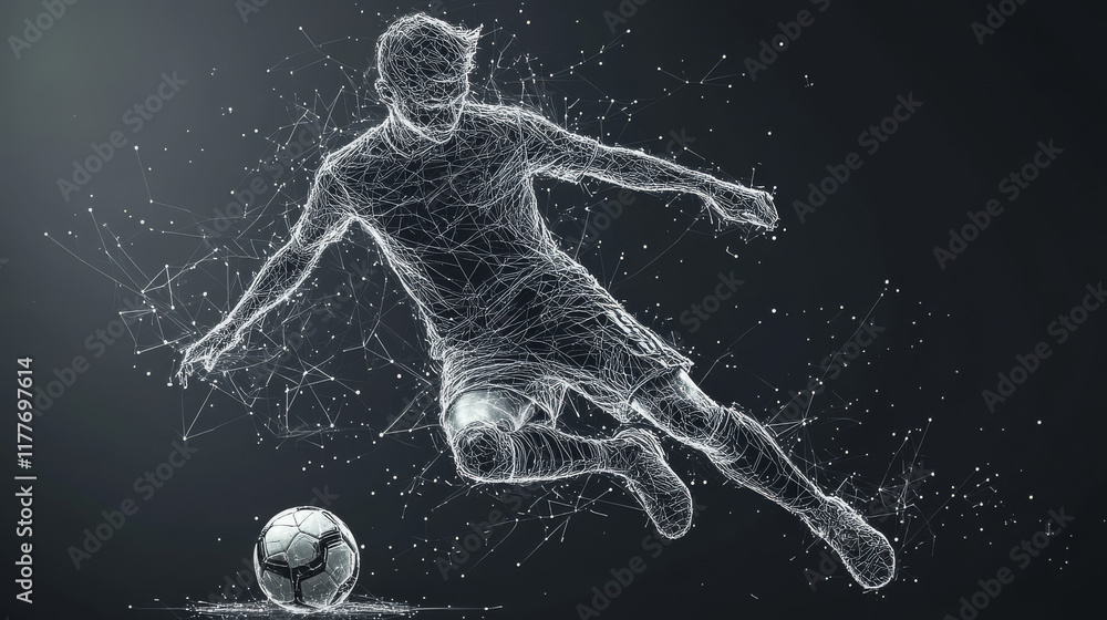 A football player consists of points and circles. A soccer player kicks the ball. Vector illustration A football player consists of points and circles. A soccer player kicks the ball. Vector illustration
