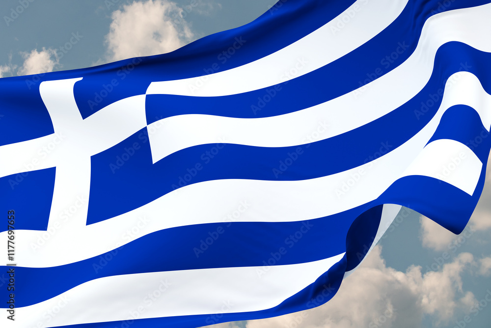 Obraz premium Close up waving flag of Greece. Blue sky with clouds in the background. Travel, tourism, journey, country, tour, holiday, trip, destination, vacation. 3D illustration