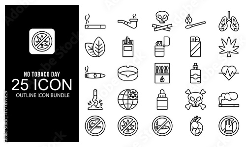 No Tobaco Day icon outline vector illustration bundle. black and white outline icon pack.