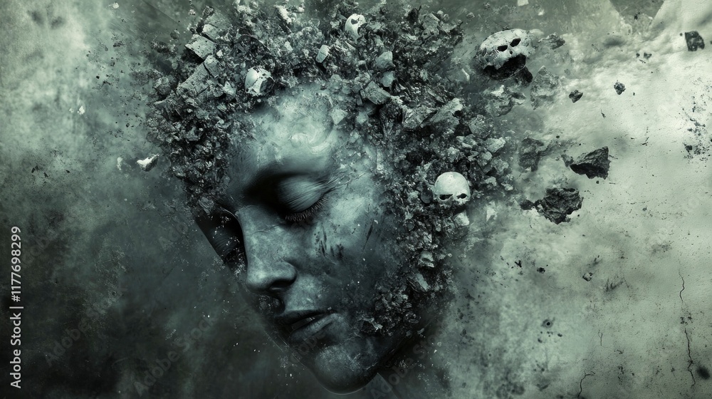 exploding female head, health care concept, dementia, Alzheimer, epilepsy illness, physical disease exploding female head, health care concept, dementia, Alzheimer, epilepsy illness, physical disease