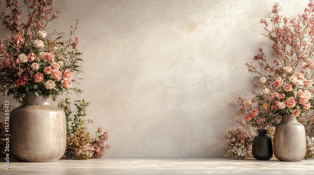 Elegant floral arrangement with neutral background vases Elegant floral arrangement with neutral background vases