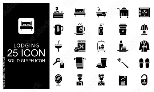 Lodging Solid Glyph Icon vector illustration bundle. Solid Black Glyph icon Package.