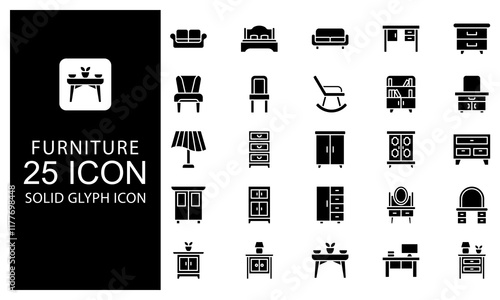 Furniture Solid Glyph Icon vector illustration bundle. Solid Black Glyph icon Package.