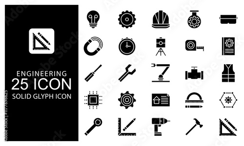 Engineering icon outline vector illustration bundle. Solid Black Glyph icon Package.