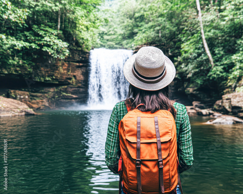 Hiking adventure at waterfall nature exploration scenic view serene environment outdoor experience photo