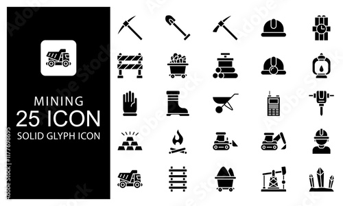Mining Glyph Icon vector illustration bundle. Solid Black Glyph icon Package.
