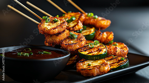 Closeup of crispy fried zucchini skewers with dipping sauce, rustic food cart setting