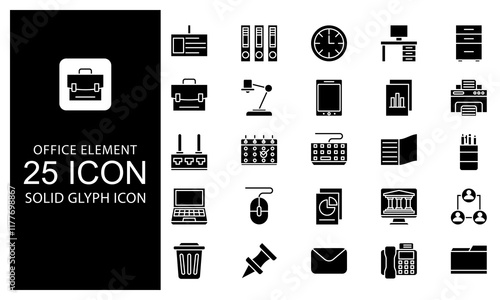 Office element Solid Glyph Icon vector illustration bundle. Solid Black Glyph icon Package.