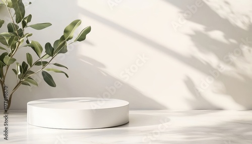 Minimalist White Product Display Platform with Greenery and Sunlight Shadows