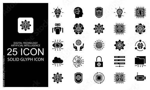 Digital Technilogy Artificial Intelligence Solid Glyph Icon vector illustration bundle. Solid Black Glyph icon Package.