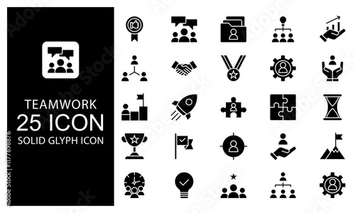 Teamwork Icon. Teamwork Solid Glyph Icon vector illustration bundle. Solid Black Glyph icon Package.