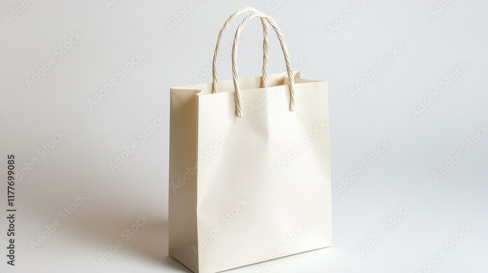 High-quality white paper shopping bag with sturdy handles, standing upright on a white background. High-quality white paper shopping bag with sturdy handles, standing upright on a white background.