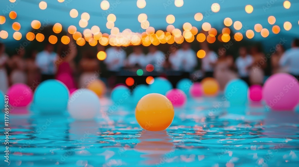 A vibrant pool party scene with colorful floating balls and glowing string lights, creating a festive atmosphere. A vibrant pool party scene with colorful floating balls and glowing string lights, creating a festive atmosphere.