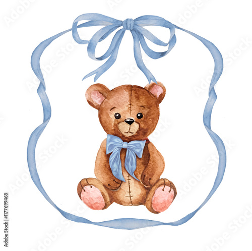 Watercolor teddy bear with blue bow in ribbon frame. Baby shower  teddy bear illustration. It's a boy,  baby announcement card.