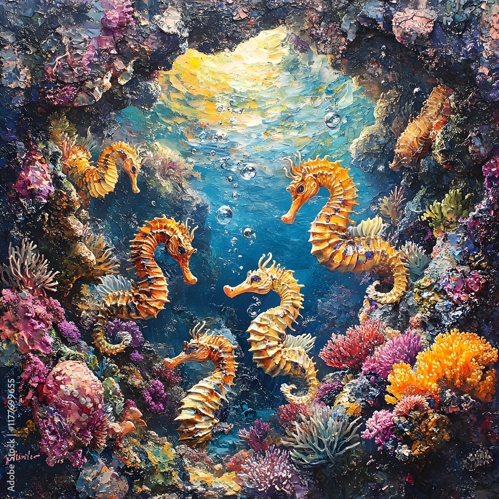 Captivating Underwater Vignette of Playful Seahorses in Vibrant Coral Garden Captivating Underwater Vignette of Playful Seahorses in Vibrant Coral Garden