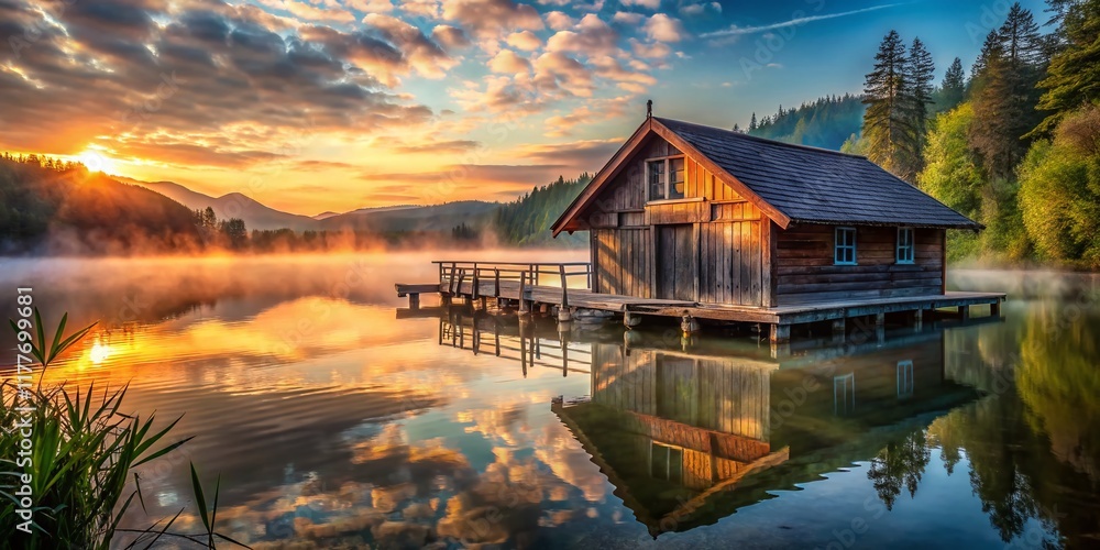 Fototapeta premium Rustic Boathouse on Calm Lake at Dawn - High Resolution Stock Photo