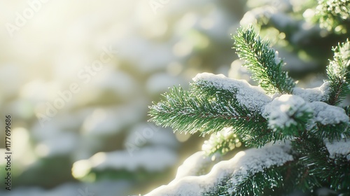 Green Fir Branches Covered with Snow on a White Background photo