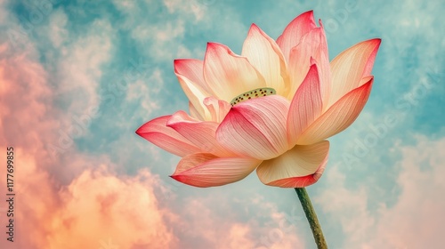 Lotus flower in shades of peach and cream, set against a soft lilac and sky blue background. photo