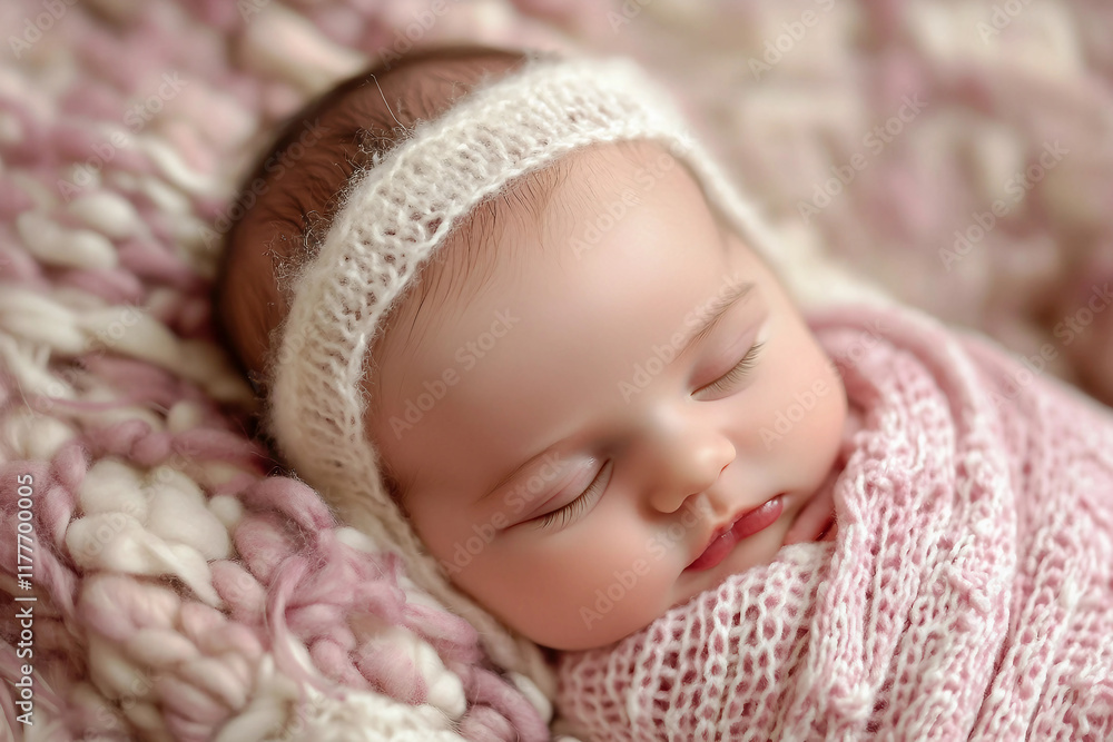 Generative AI image of a sleeping newborn baby in a cozy knitted outfit during a serene photo shoot Generative AI image of a sleeping newborn baby in a cozy knitted outfit during a serene photo shoot