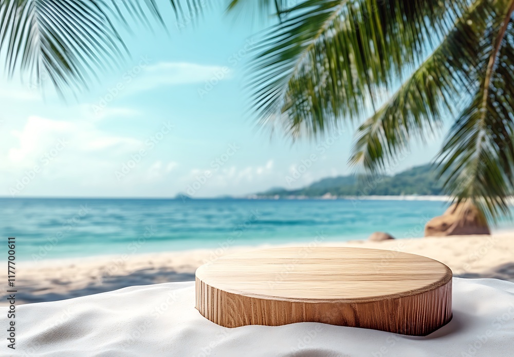 Wooden podium on a white sand beach with a blue ocean and palm tree summer background Wooden podium on a white sand beach with a blue ocean and palm tree summer background