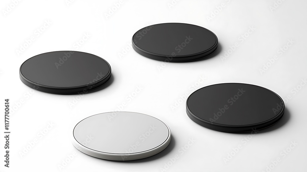 Four different colored round coasters are shown on a white background Four different colored round coasters are shown on a white background
