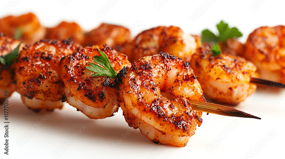 Closeup of fiery chiliglazed shrimp skewers, tropical and smoky market backdrop Closeup of fiery chiliglazed shrimp skewers, tropical and smoky market backdrop