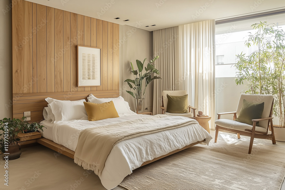 Fototapeta premium Luxurious and serene bedroom with a modern yet cozy design. large king-sized bed with soft, fluffy pillows and a plush duvet sits at the center, framed by an elegant, tufted headboard, fabric wall