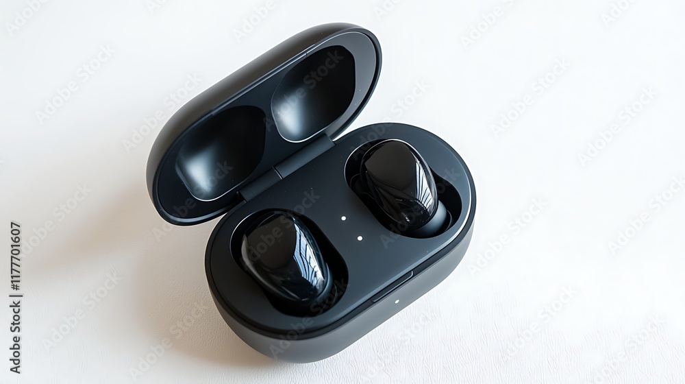 A pair of earbuds are open and laying on a white surface A pair of earbuds are open and laying on a white surface