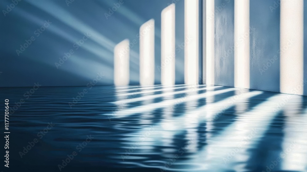 Serene blue setting with ambient light and an ethereal reflection, suitable for product photography. Serene blue setting with ambient light and an ethereal reflection, suitable for product photography.