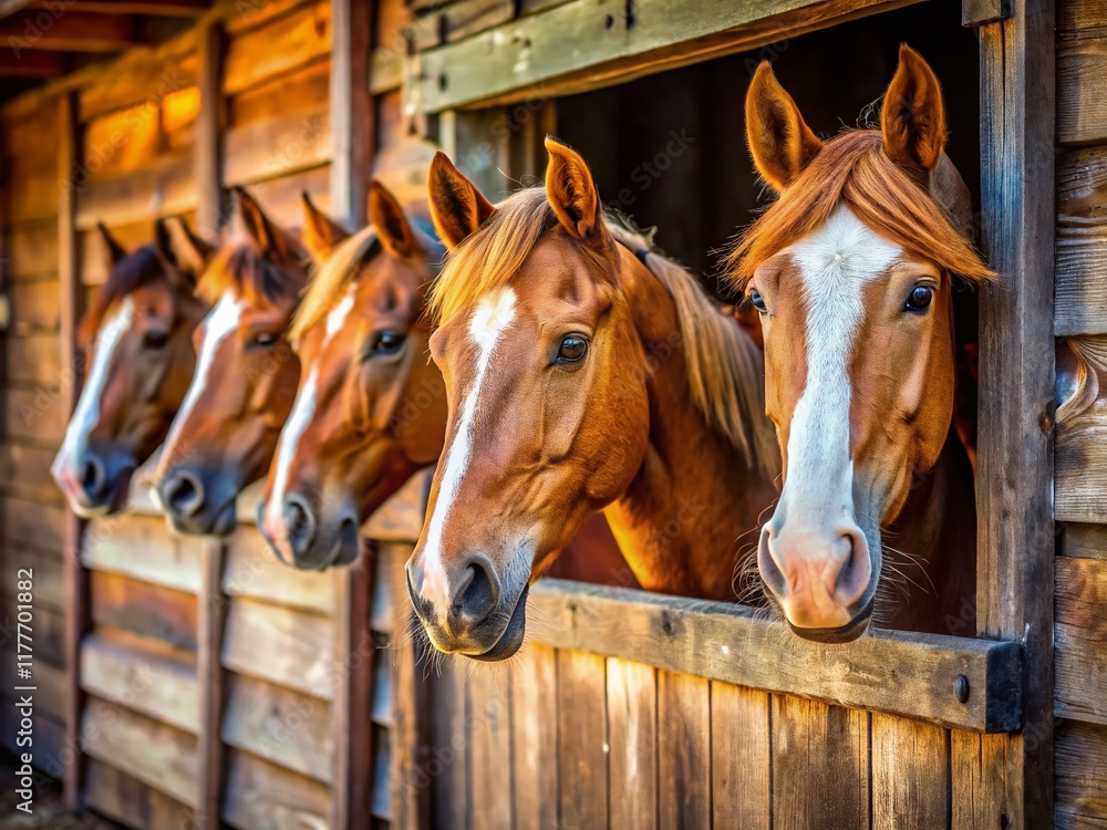 Fototapeta premium Rustic Horse Stable Doorway: Candid Shot of Horses