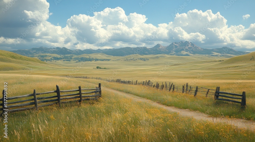 Dirt road and wooden fence in grassy field with mountains and clouds. Dirt road and wooden fence in grassy field with mountains and clouds.