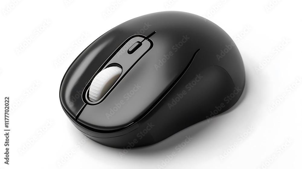 A black computer mouse with a white wheel A black computer mouse with a white wheel