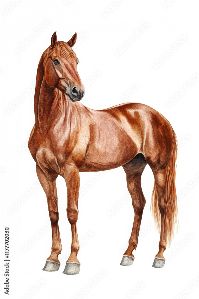 This realistic artwork features a majestic chestnut horse standing proudly, showcasing the beauty of its form and details in stunning colors against a white background. This realistic artwork features a majestic chestnut horse standing proudly, showcasing the beauty of its form and details in stunning colors against a white background.