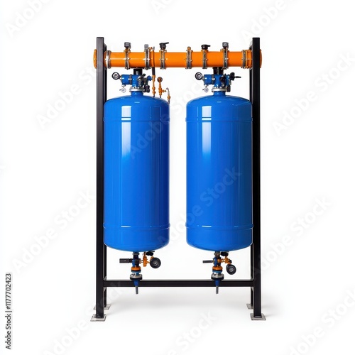 Dual Blue Tanks on a Metal Rack with Pipes photo