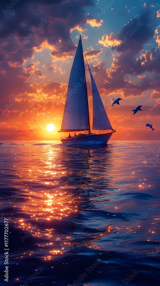 Fototapeta premium Solitary Sailboat Navigates Serene Ocean at Vibrant Sunrise with Dolphins Leaping in its Wake