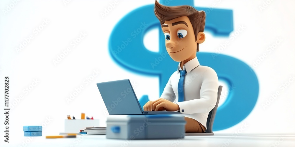 Cartoon Businessman Working on Laptop with Dollar Sign Cartoon Businessman Working on Laptop with Dollar Sign