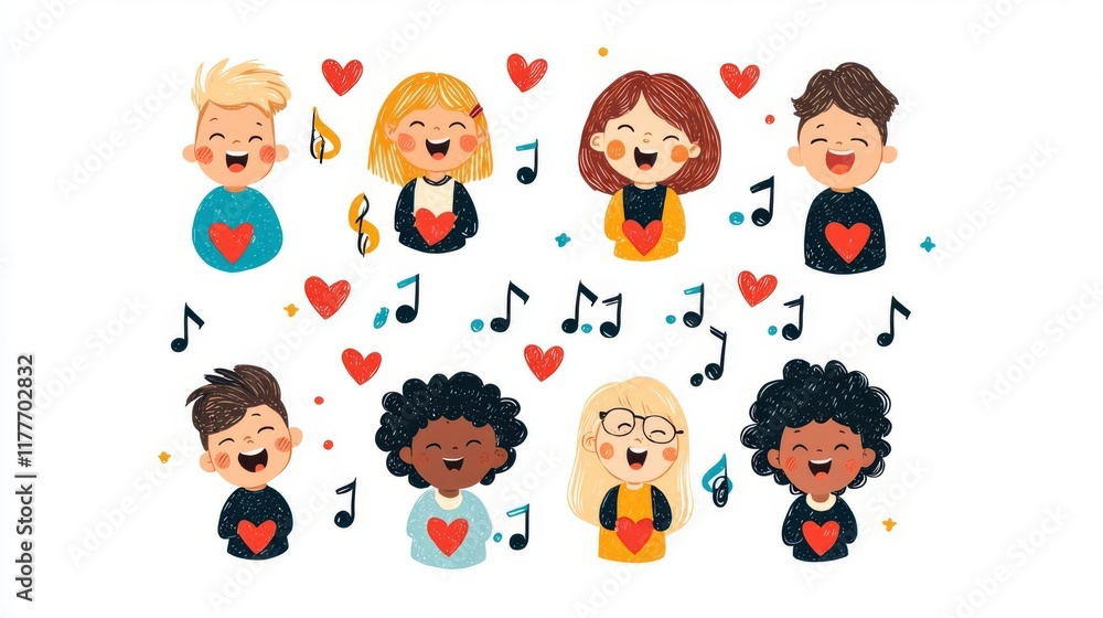 Illustration of happy people singing with musical notes and hearts. Illustration of happy people singing with musical notes and hearts.