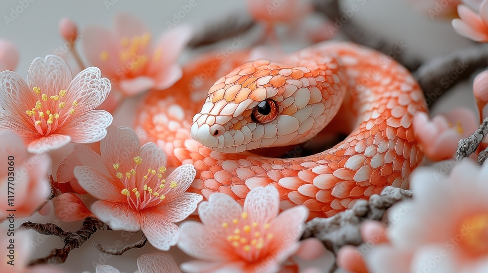 Fototapeta premium Coiled Snake Surrounded by Delicate Floral Patterns in Soft Colors