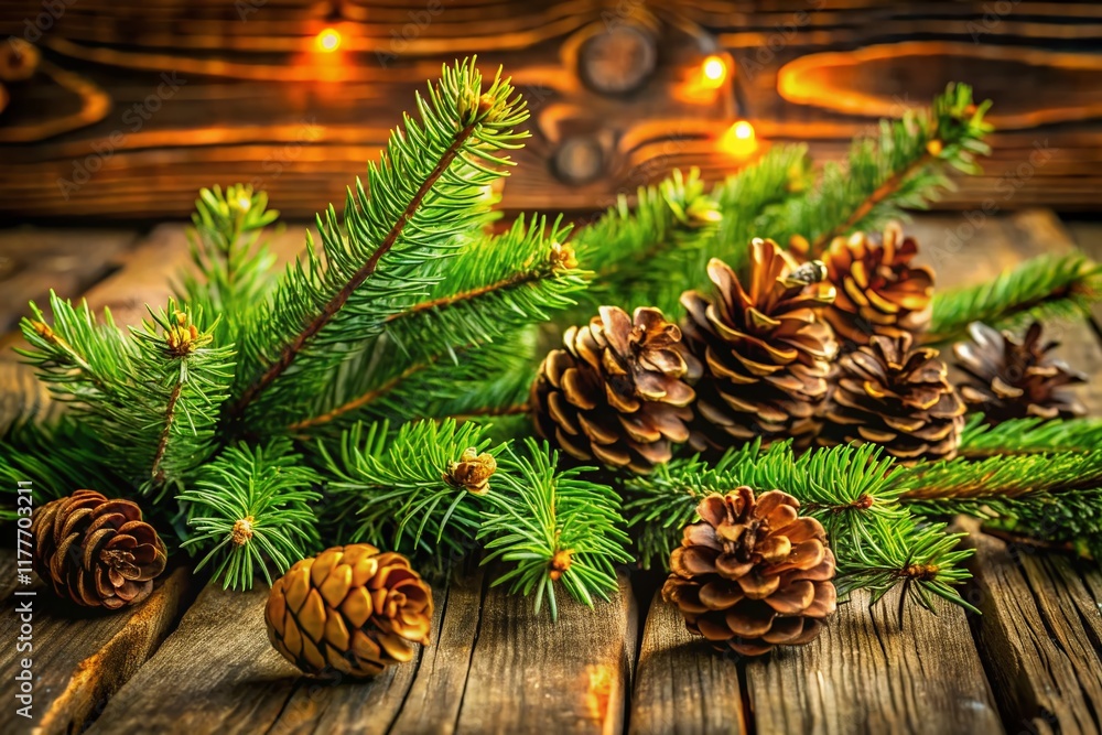 Rustic Pine Cones & Branches on Wood: Holiday Craft Background